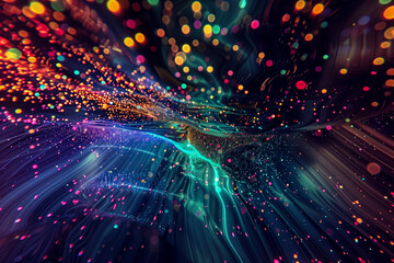 Wall Mural - abstract flowing fluid light particles colorful spectrum smooth curve on black background in concept