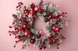 Festive Christmas Wreath Adorned with Red Baubles and Pine Cones on Pink Background