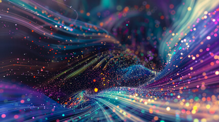 Wall Mural - abstract flowing fluid light particles colorful spectrum smooth curve on black background in concept