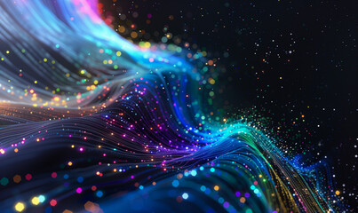 Wall Mural - abstract flowing fluid light particles colorful spectrum smooth curve on black background in concept