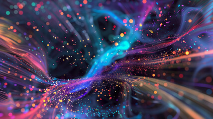 Wall Mural - abstract flowing fluid light particles colorful spectrum smooth curve on black background in concept
