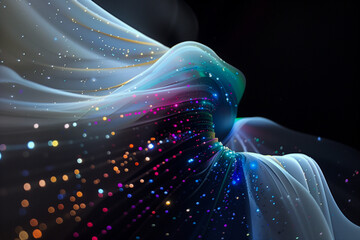 Wall Mural - abstract flowing fluid light particles colorful spectrum smooth curve on black background in concept