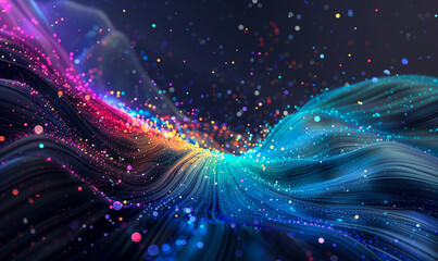 Wall Mural - abstract flowing fluid light particles colorful spectrum smooth curve on black background in concept