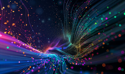 Wall Mural - Abstract flowing fluid light particles colorful spectrum smooth curve on black background in concept technology, science.