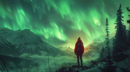 Canvas Print - a person stands on a mountain top, looking up at the sky