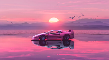 A grainy pink and purple digital artwork of an futuristic sport car driving on the beach at sunset. The car is reflected in still water with mountains visible behind it. 