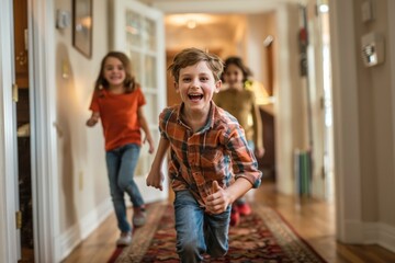 At Home With Family. Excited Children Running to Open Front Door to Greet Parents