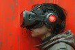 An intense image of a cyborg with a tactical, gaming-like headset highlighted with a vivid red backdrop