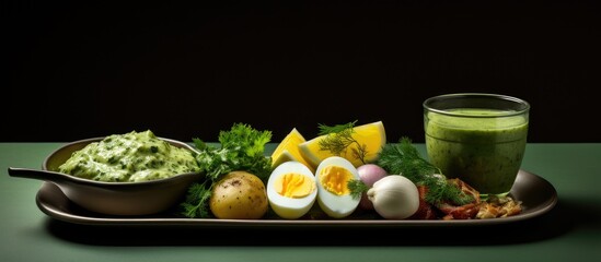 Wall Mural - Plate of eggs, potatoes, and a drink