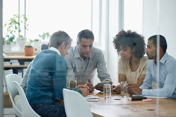Leinwandbilder - Group, business people and tablet for discussion in office meeting, plan or designer brainstorming ideas in startup. Collaboration, creative team or diverse staff in conversation for project strategy