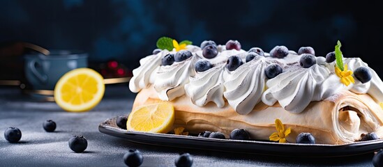 Wall Mural - A plate with cake topped with blueberries and lemon slices