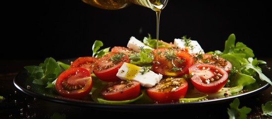 Poster - Person drizzling olive oil over salad with tomatoes and feta