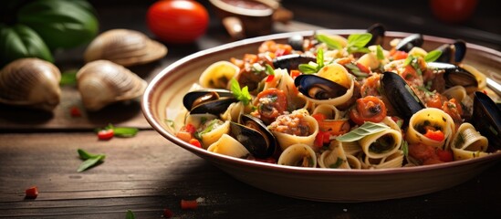 Sticker - Close-up bowl of pasta with mussels and sauce