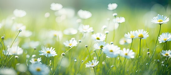 Wall Mural - Field of green grass abloom with white flowers