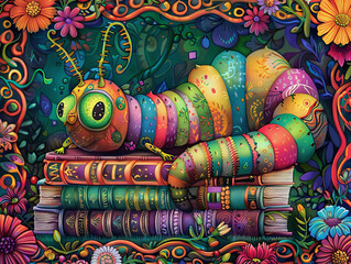 Wall Mural - Bookworm with books