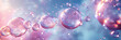 a collection of water bubbles in a purple air background, pink bubbles floating on the surface of the water.purple water bubles close up	
