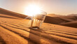 Extreme close-up of an empty drinking glass half-submerged in the desert sand. Concept of drought, global warming, climate change, ecology and environmental issues. Generative Ai.