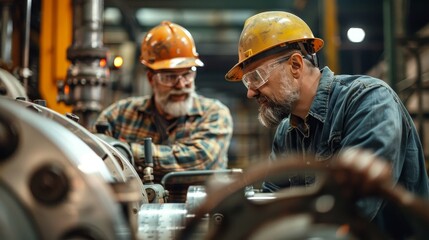 Two men in safety gear are working on a machine