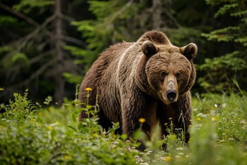 Wall Mural - majestic grizzly bear wandering through dense forest wildlife photography