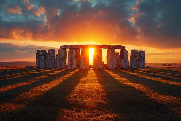 Poster - Sunrise illuminates Stonehenge during the Summer Solstice celebration casting long shadows and highlighting the ancient monolithic structures