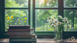 © Mangata Imagine - Books and flowers on table, green window background, in the style of fantasy and dreamy. Teachers day. Back to school. Student day