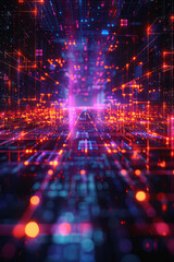 Poster - A pulsating neon grid on a dark backdrop, evoking an 80s retro-futuristic feel,