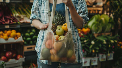 Consumer with a reusable mesh bag of fruits in a grocery store