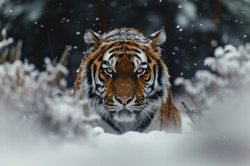 Poster - A Siberian tiger stealthily navigating through a snowy forest, eyes intent and focused,