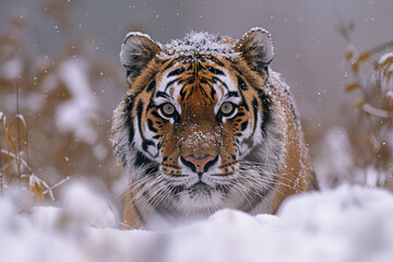 Poster - A Siberian tiger stealthily navigating through a snowy forest, eyes intent and focused,