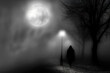 Mystery and intrigue, A mysterious silhouette walks through fog-covered woods, disappearing into the mist.