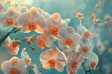Leinwandbilder - A surreal orchid display, flowers suspended in mid-air against a dreamy, soft-focus background,