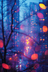 Poster - A twilight cityscape bokeh, with lights from skyscrapers blending into a shimmering pool of colors,