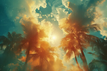 Poster - A vibrant tropical scene, watercolor palms swaying against a bright sky,