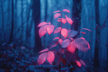 Aufkleber - Glowing neon leaves on a mystical tree, set against a deep, dark forest background,