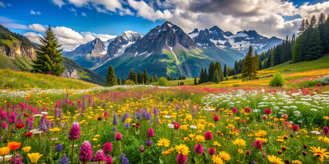 In the distance,majestic, snow-capped mountains rise above a vast meadow of colourful wildflowers under a dynamic sky.The lush green landscape is dotted with shades of blooming flora.AI generated.