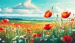 a cheerful natural landscape with copy space close up banner with field of spring summer poppy flowers panoramic flat illustration of meadow with wildflowers on background of blue sky and clouds