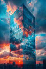 Poster - The reflective surface of a skyscraper, clouds and sunsets distorted in the glass,