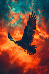 Poster - The silhouette of a bird in flight, its form merging with the watercolor sky,