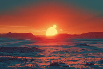 Poster - The surface of an alien planet, with two suns setting on the horizon, casting dual shadows,