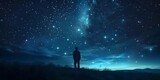 Fototapeta  - Silhouetted figure stands in awe inspiring starry night sky mountains in the distance cosmic wonders and celestial mysteries abound