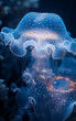 Closeup photo of jellyfish swimming in blue waters of ocean.