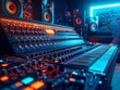 A music producer sits at a mixing console in a recording studio, surrounded by speakers and other equipment.