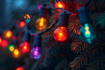 Wall Mural - A festive holiday lights bokeh, with multicolored bulbs softly glowing against a dark winter night,