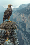 Fototapeta Kosmos - A golden eagle returning to its nest high on a rocky ledge with food for its young,