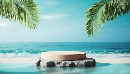 Wall Mural - beach podium background product summer sand display stand sea cosmetic product summer background podium beach sky scene presentation platform nature blue pedestal beauty water mockup stone palm sun