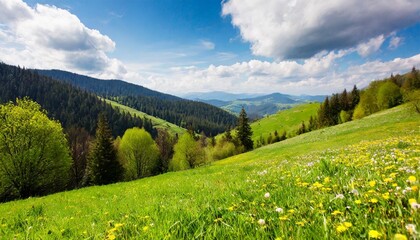 Wall Mural - scenic countryside with grassy hills trees and mountains in spring carpathian rural landscape in spring