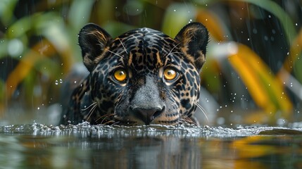 Wall Mural - Black jaguar in a South American wetland