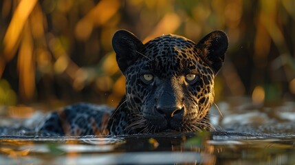 Wall Mural - black jaguar in a south american wetland