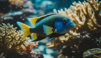 a fish s close up view with blue and yellow hues in a tank with coral and water backdrop