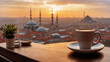 Traditional Turkish coffee in porcelain mug on table in front of blurry Istanbul view with buildings, bridge and a mosque during sunset